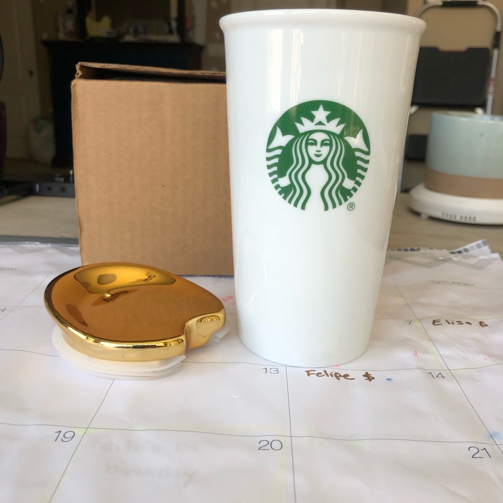 Starbucks tumbler— ceramic; white with gold lid